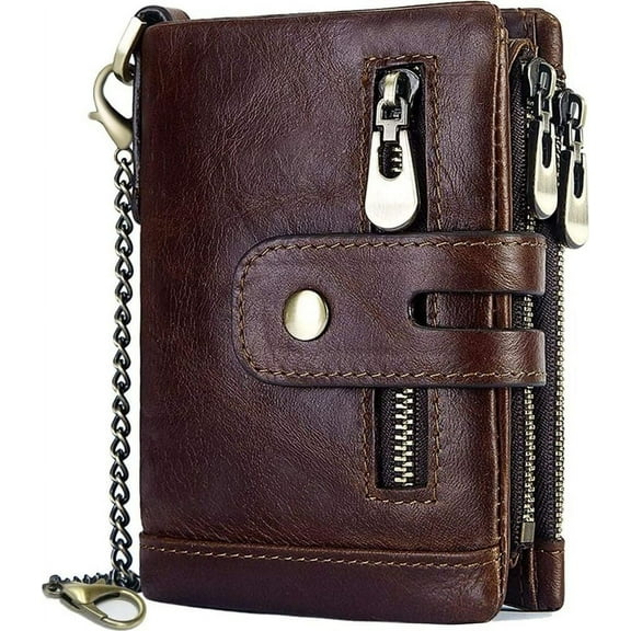 Men'S Wallet Rfid Protection Men'S Leather Wallet With Chain Double Fold Men'S Wallet With Coin Compartment Zip Wallet 16 Card Slots Wallet Wallet (Coffee)