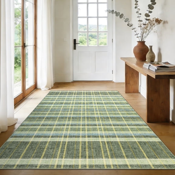 GlowSol 8x10 Washable Green Checkered Area Rug, Non-Slip TPR Low Pile Rug for Hallway Kitchen Bedroom Living Room