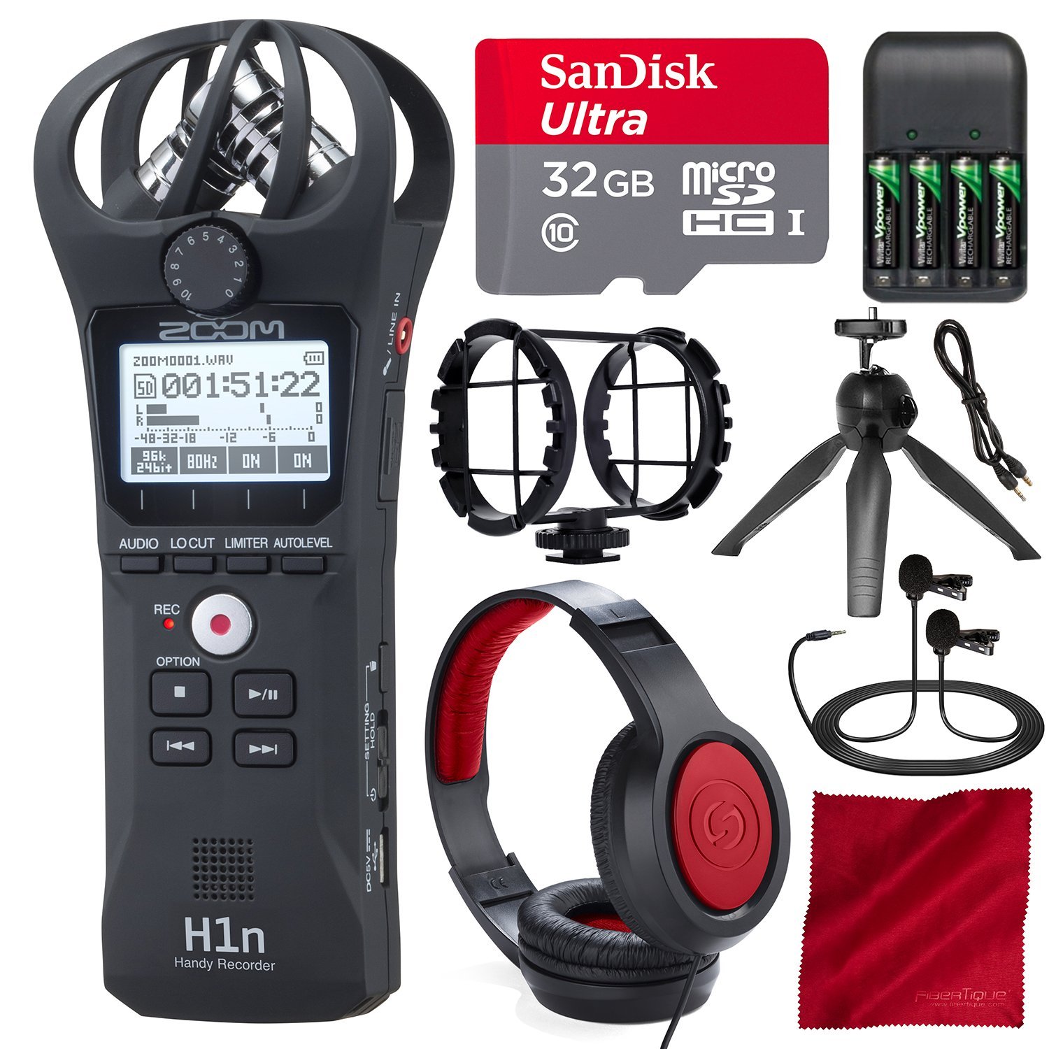 Zoom H1n Digital Handy Portable Recorder and 32GB Professional Interview  Kit with Pro Lavalier Mic + Shockmount + Headphones + Tripod + 4X AAA  Batteries  Charger + Fibertique Cloth + Cable - Walmart.com