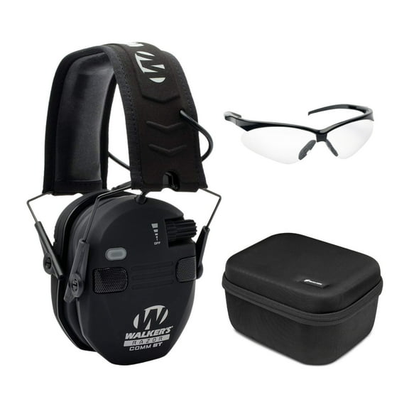 Walker’s Razor Slim Electronic Quad Muff with Bluetooth (Black) Bundle with Shooting Glasses and Hard Case (3 items)