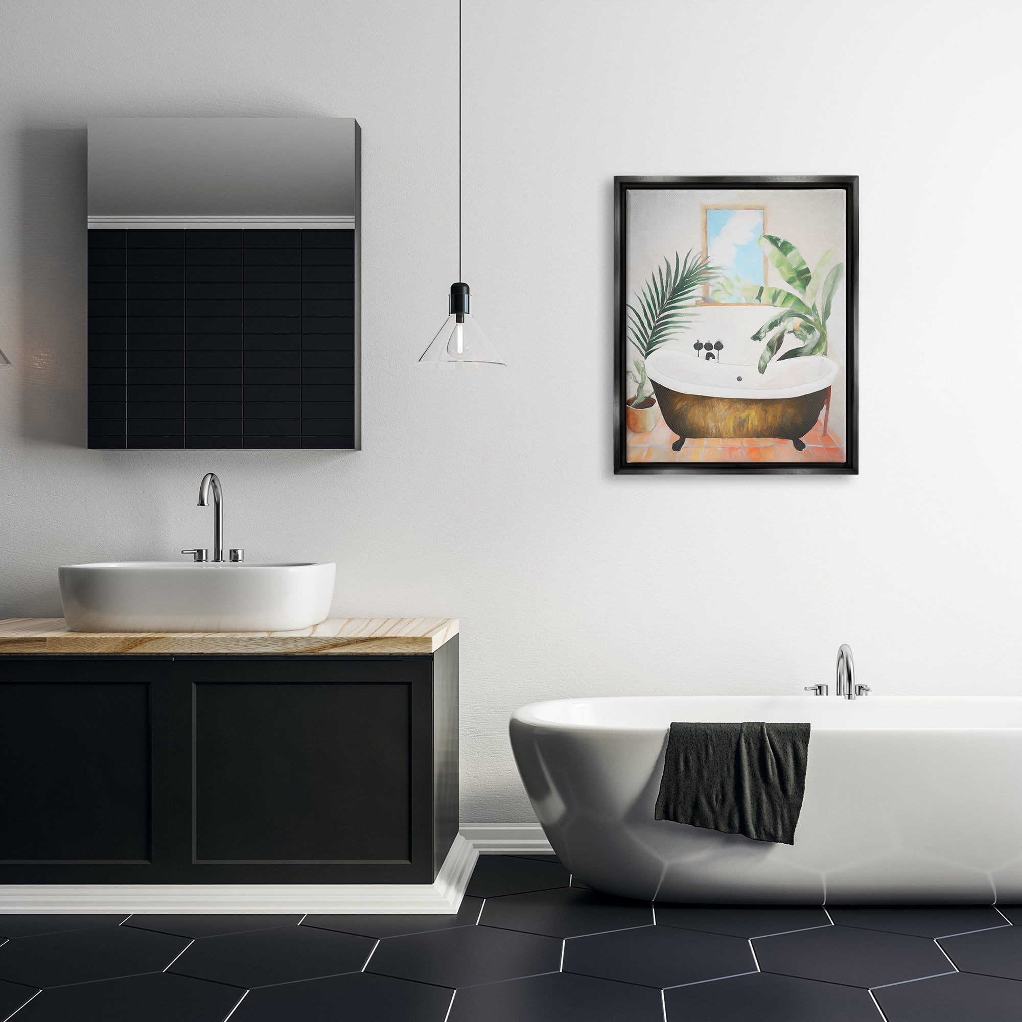 Stupell Industries Tub with Tropical Plants Botanical & Floral Painting Black Floater Framed Canvas Art Print Wall Art, 25 x 31