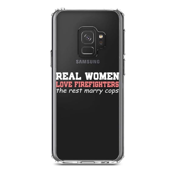 DistinctInk Clear Shockproof Hybrid Case for Samsung Galaxy S9 (5.8" Screen) - TPU Bumper Acrylic Back Tempered Glass Screen Protector - Real Women Love Firefighters Not Cops