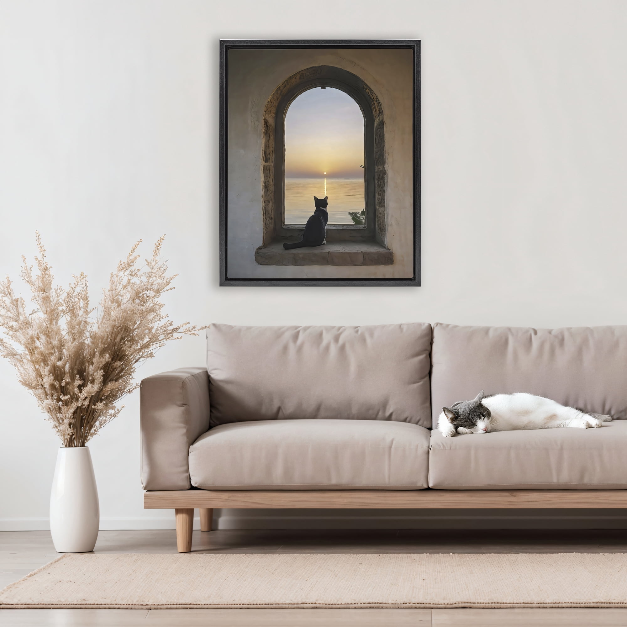 Stupell Industries Cat Overlooking Water at Sunset Black Framed Floater Canvas Wall Art, design by Creative Studio