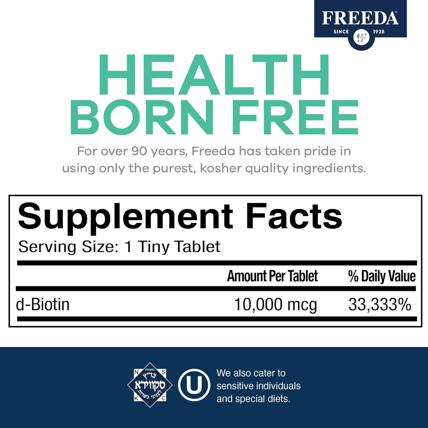Freeda Biotin 10,000 mcg (10 mg) | Maximum Strength | Hair, Skin & Nails Support | Tiny Tablets | Vegan, Gluten Free | 100 Tablets
