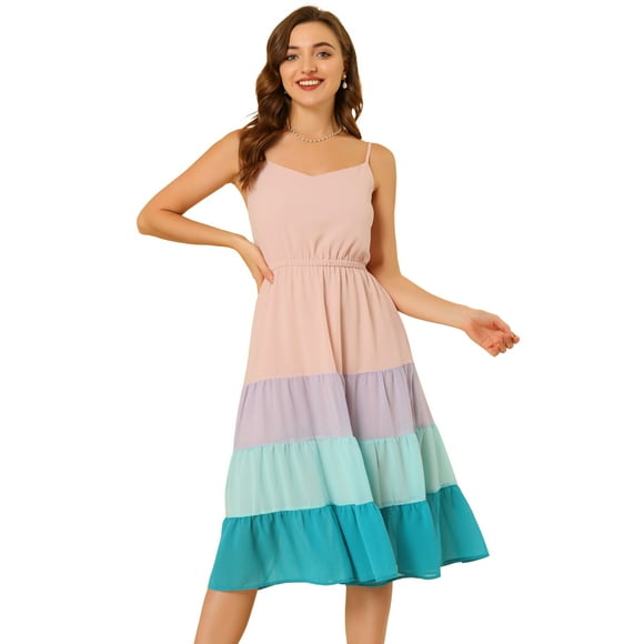 Women's Summer Spaghetti Strap Dress V Neck Flowy Swing Chiffon Midi Dress Pink L