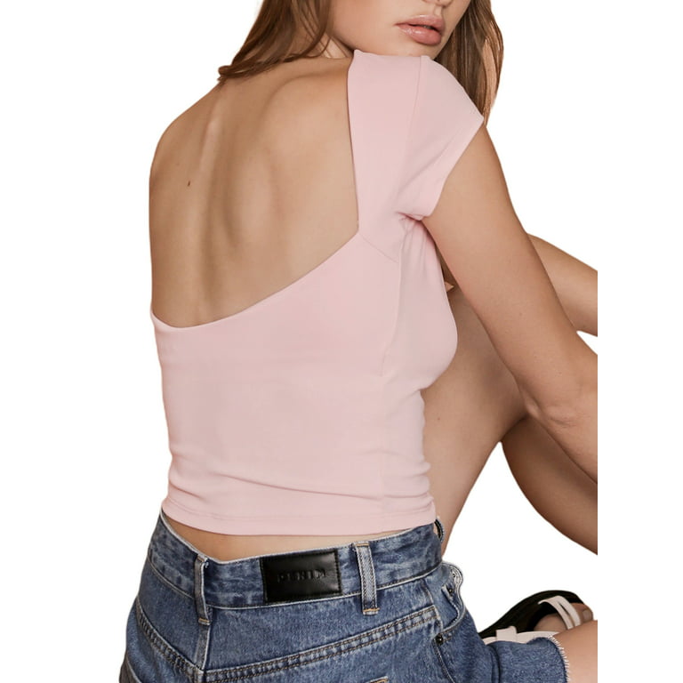 Women Sexy Backless Short Sleeve Crop Top Y2k Slim Fit Skinny Skims Dupes  Basic Tees Workout Going Out Shirts 