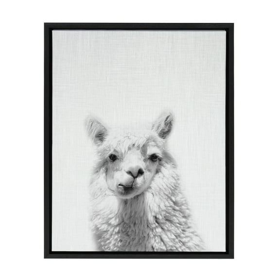 Kate and Laurel Sylvie Alpaca Black and White Portrait Framed Canvas Wall Art by Simon Te Tai, 18x24 Black
