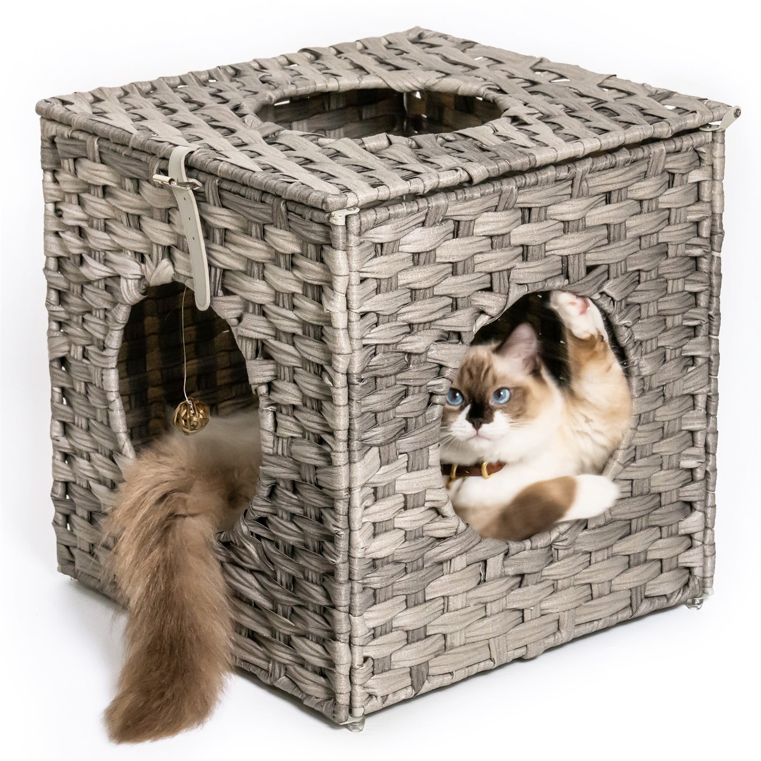 Pefilos 15.7 Inch Rattan Cat Bed, Wicker Kitten House Square Condo with Rattan Ball and Cushion, Gray Pefilos 15.7 Inch Rattan Cat Bed, Wicker Kitten House Square Condo with Rattan Ball and Cushion, Gray