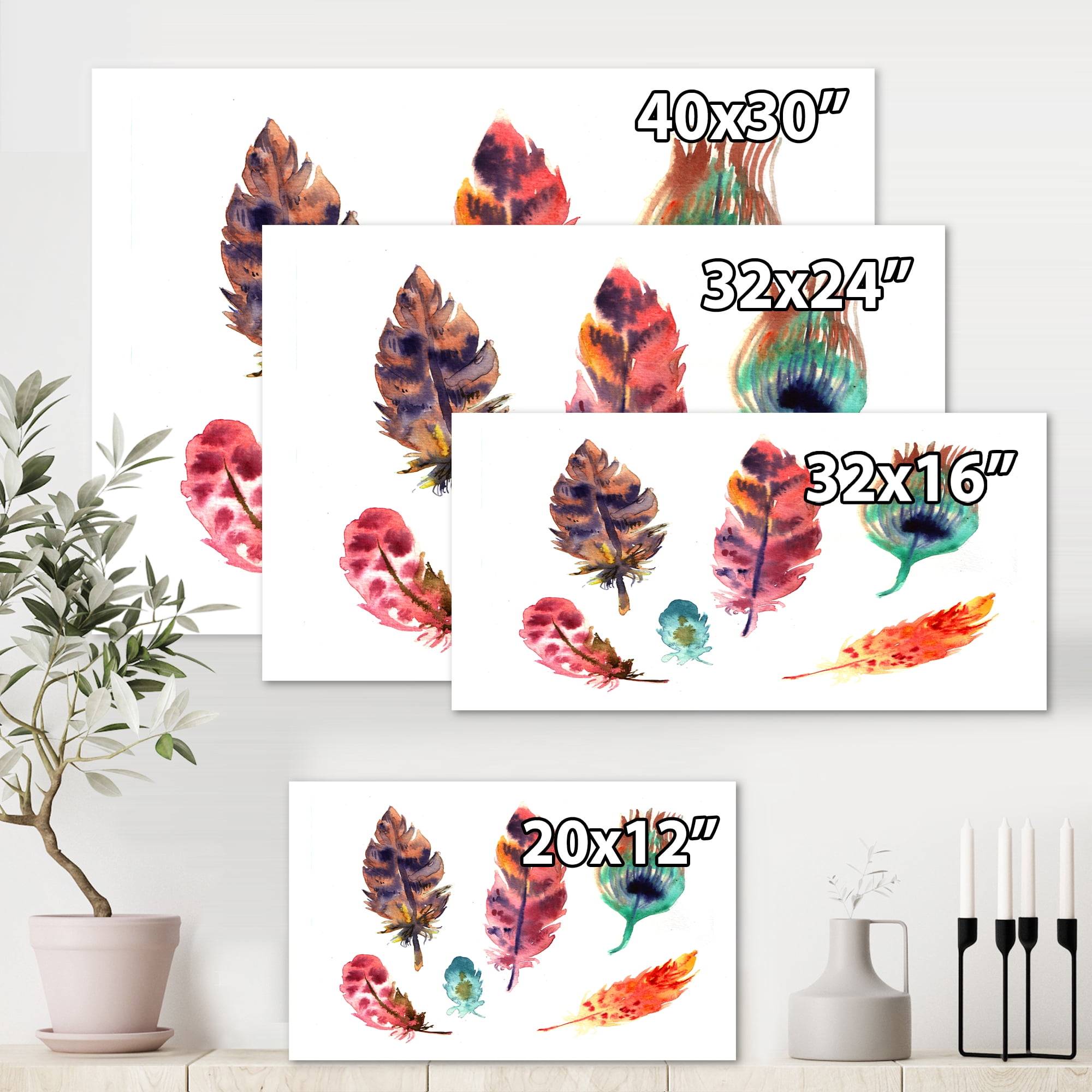 Designart ' Colourful Boho Art Feather Set II ' Bohemian & Eclectic Canvas Wall Art Print
