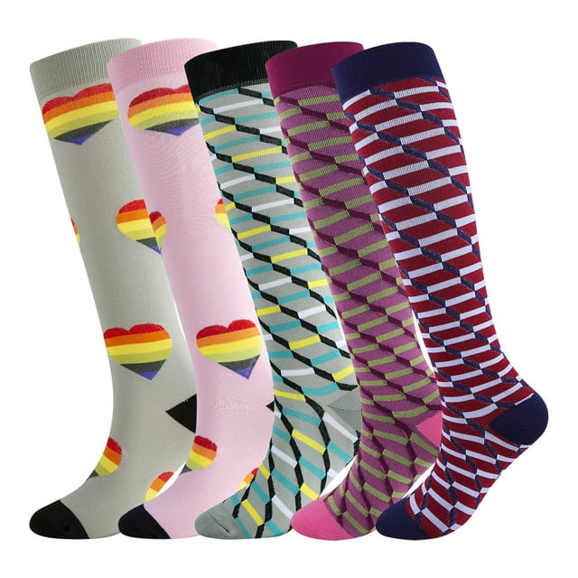 KAWELL Calcetines de compresión para mujeres y hombres, calcetines hasta la rodilla con soporte de 15-20 mmHg para correr, enfermería, atletismo,5 Pairs-Multicoloured c,Small-Medium