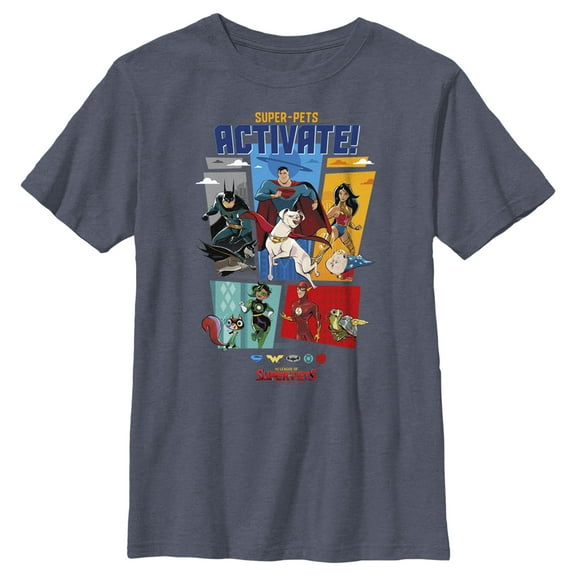 Boy's DC League of Super-Pets Activate Group Panels Graphic Tee Navy Blue Heather Medium
