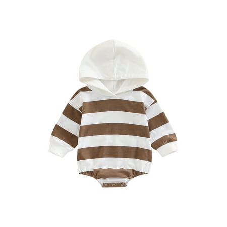 

Calsunbaby Infant Baby Boys Girls Hooded Romper Casual Long Sleeve Striped Print One Piece Bodysuit for Fall Coffee 6-12 Months
