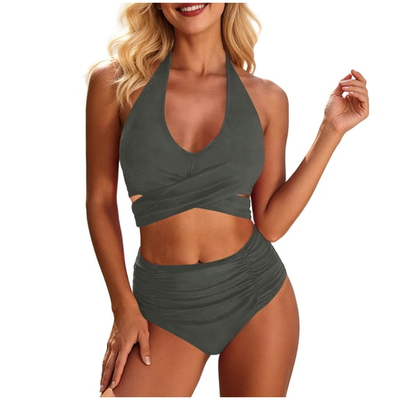 PWPSG Velvet Crisscross Twist High Waisted Two Piece Swimsuit Waist Cinching Shaping for Poolside Wear Gray XXL
