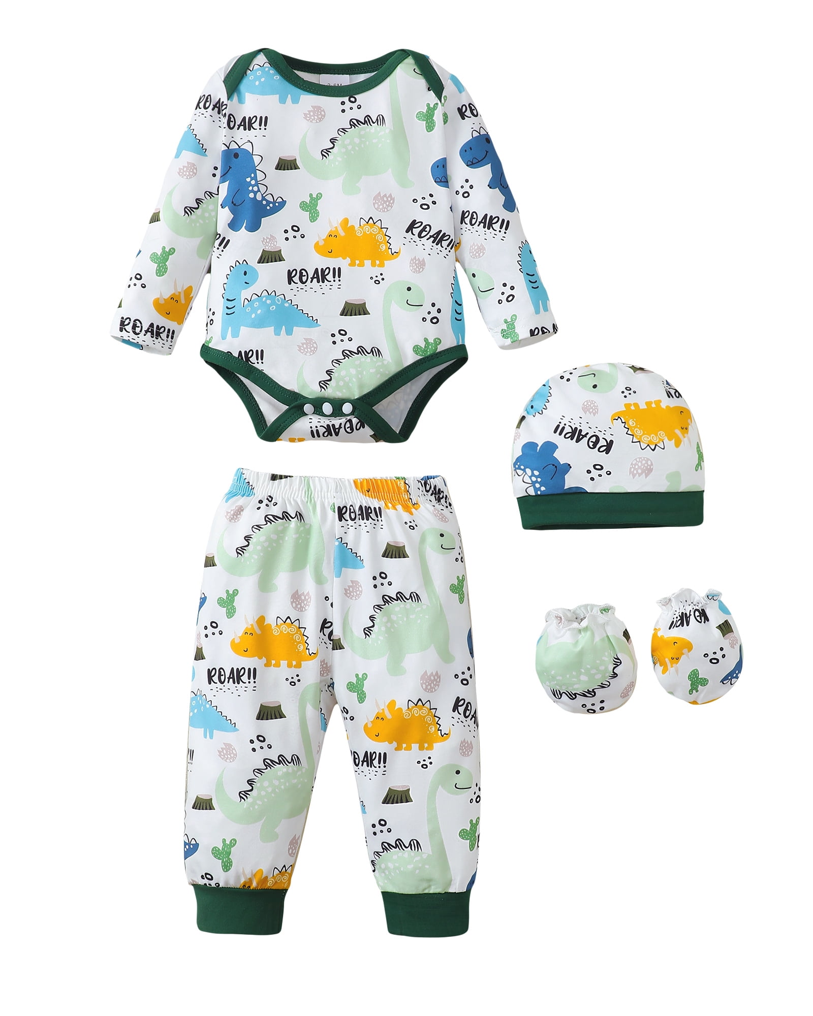 KIMI BEAR Newborn Baby Boys Layette Set 9-12 Months Winter Outfits Long Sleeves Dinosaur Print Romper Top Pants Gloves Hats 4 Packs Shower Gifts 16 Piece Set Green