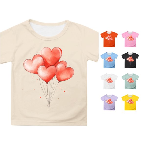 Girls Summer Short Sleeve T Shirt Cute Cartoon Heart Balloon Print Casual Top For Children Outfit Kids Summer Tops Crewneck Tees