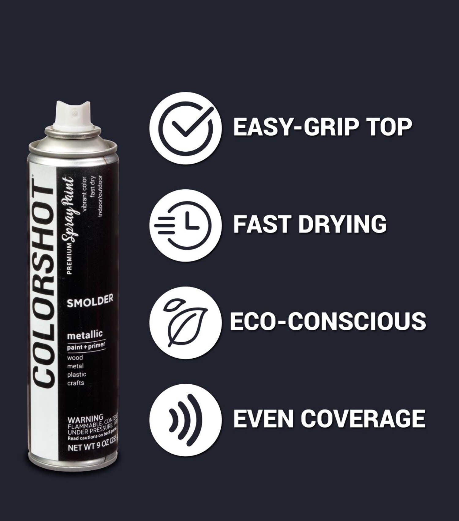 COLORSHOT Metallic Spray Paint, Smolder (Black) 9 oz. 4 Pack, Fast-Drying Acrylic Paint, Indoor & Outdoor Use
