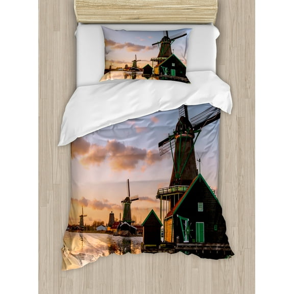 Windmill Duvet Cover Set Twin Size, Traditional Village with Canal Waterfront Dutch Architecture with Scenic View, Decorative 2 Piece Bedding Set with 1 Pillow Sham, Multicolor, by Ambesonne