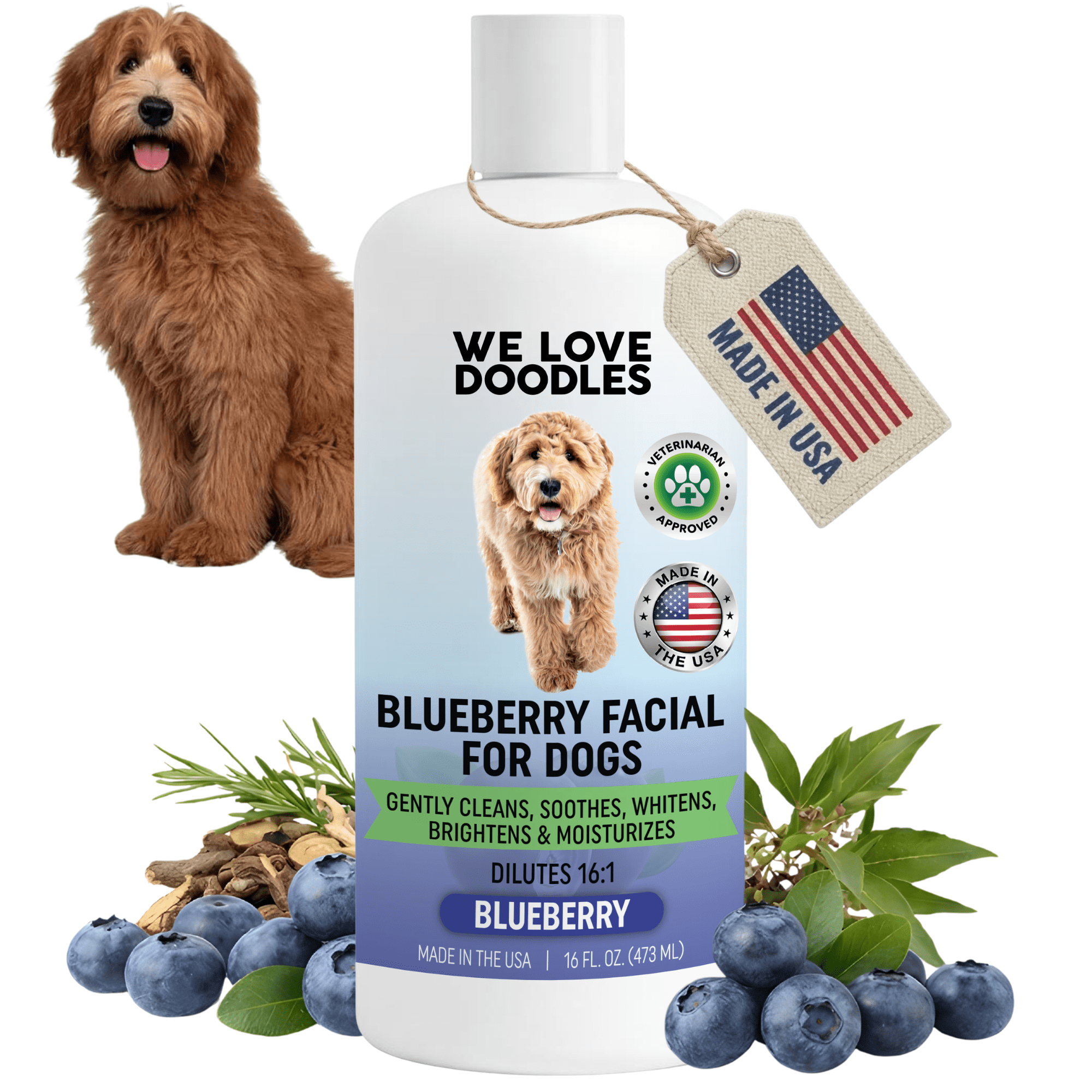 We Love Doodles Organic Professional Blueberry Facial Shampoo, Tear Stain Remover Whitens Cleans Deoderizes, Blueberry, 16 fl-oz