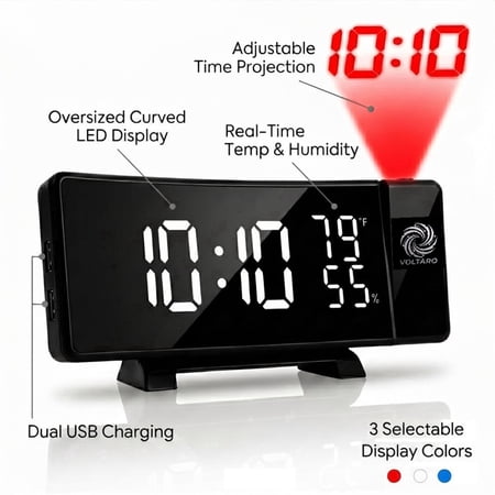 Voltaro VT-126 Projection Alarm Clock with FM Radio, Dual USB Charging, Curved LED Display, Temperature & Humidity