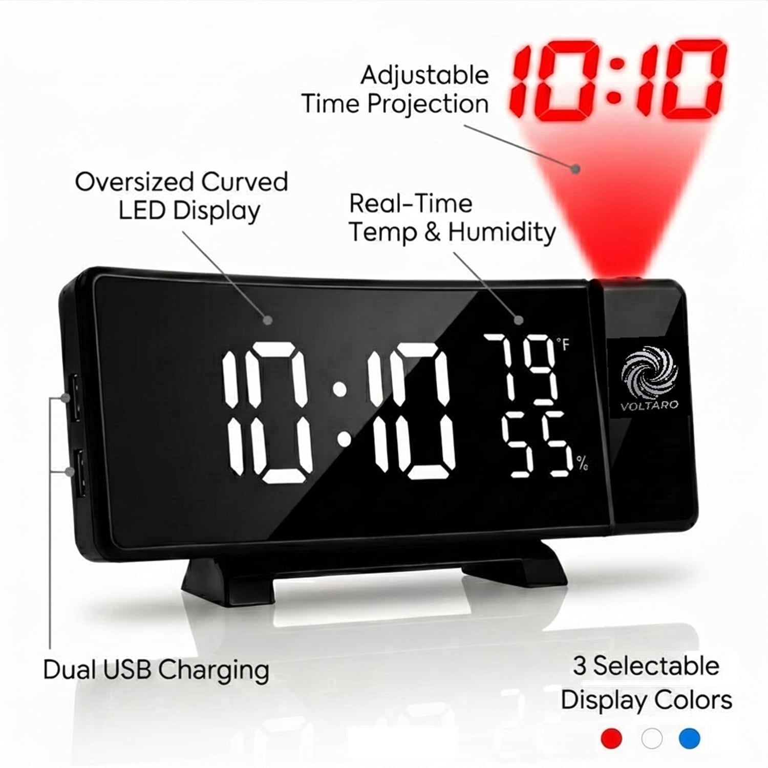 Voltaro VT-126 Projection Alarm Clock with FM Radio, Dual USB Charging, Curved LED Display, Temperature & Humidity