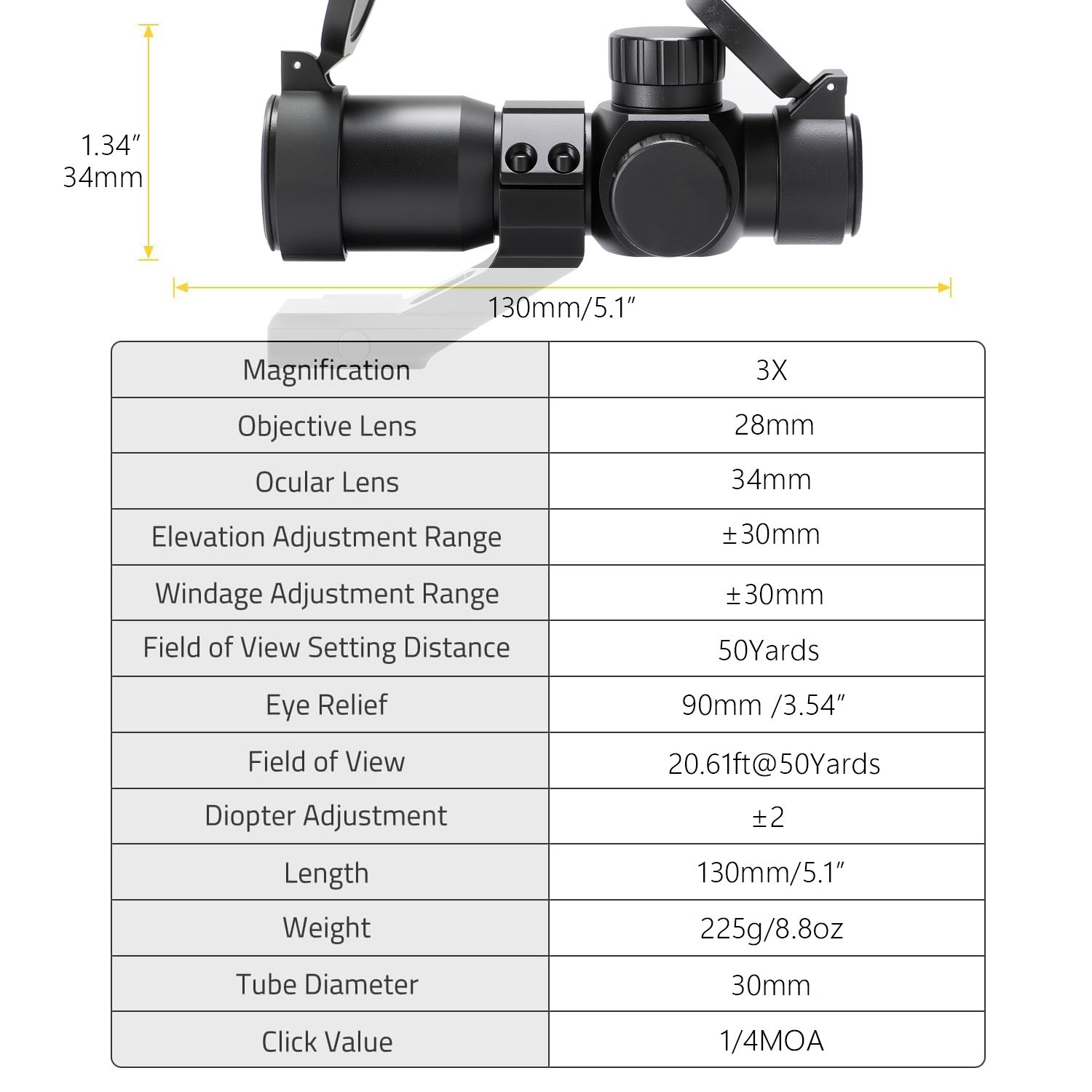 Rifle Scope 3X28, Compact Scope, for Crossbows and Rifles, with Red/Green Illuminated Reticle, Green Lens, Fast Focus Eyepiece, 30mm One-Piece Tube