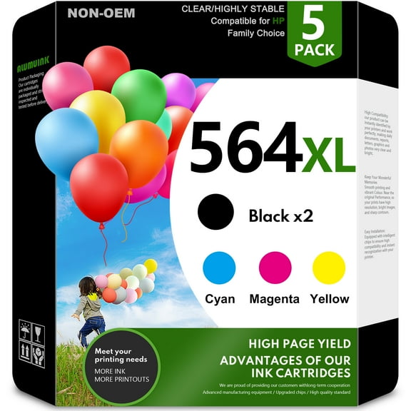 5-Pack 564 Ink Compatible for HP 564XL Ink Cartridge Printers 564 XL Black Cyan Magenta Yellow