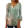 thumbnail image 2 of Blmnix Green Womens Fall Blouses Floral Tunic Gathered Waist Women’s Graphic Tees V-Neck 3/4 Sleeve XXL Shirts, 2 of 5