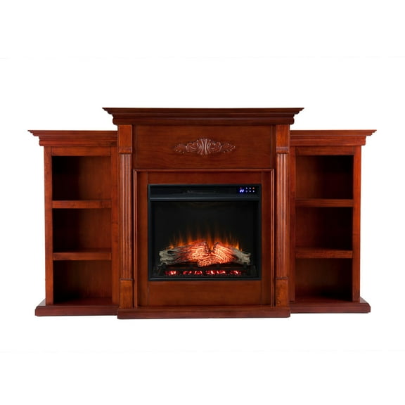 Southern Enterprises 70.25" Caramel Brown and Black Classic Style Floral Electric Fireplace with
