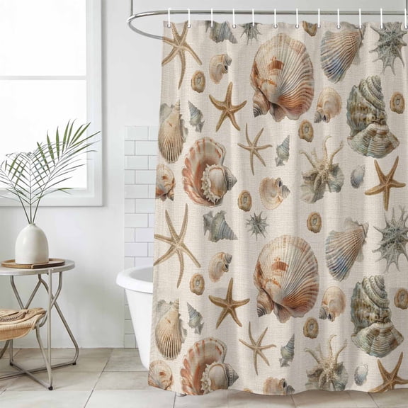 Seashell Coastal Waterproof Fabric Shower Curtain,Summer Beach Ocean Starfish Burlap Waterproof Fabric Shower Curtain for Bathroom Curtains Bathtubs Hotel Shower Curtains with 12 Hooks Stall 54x78in