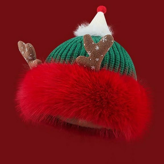 Xuety Santa Hats Winter Christmas Red Hat Women's Antlers Knitted Hat With Velvet Warm Ear Protection Hat
