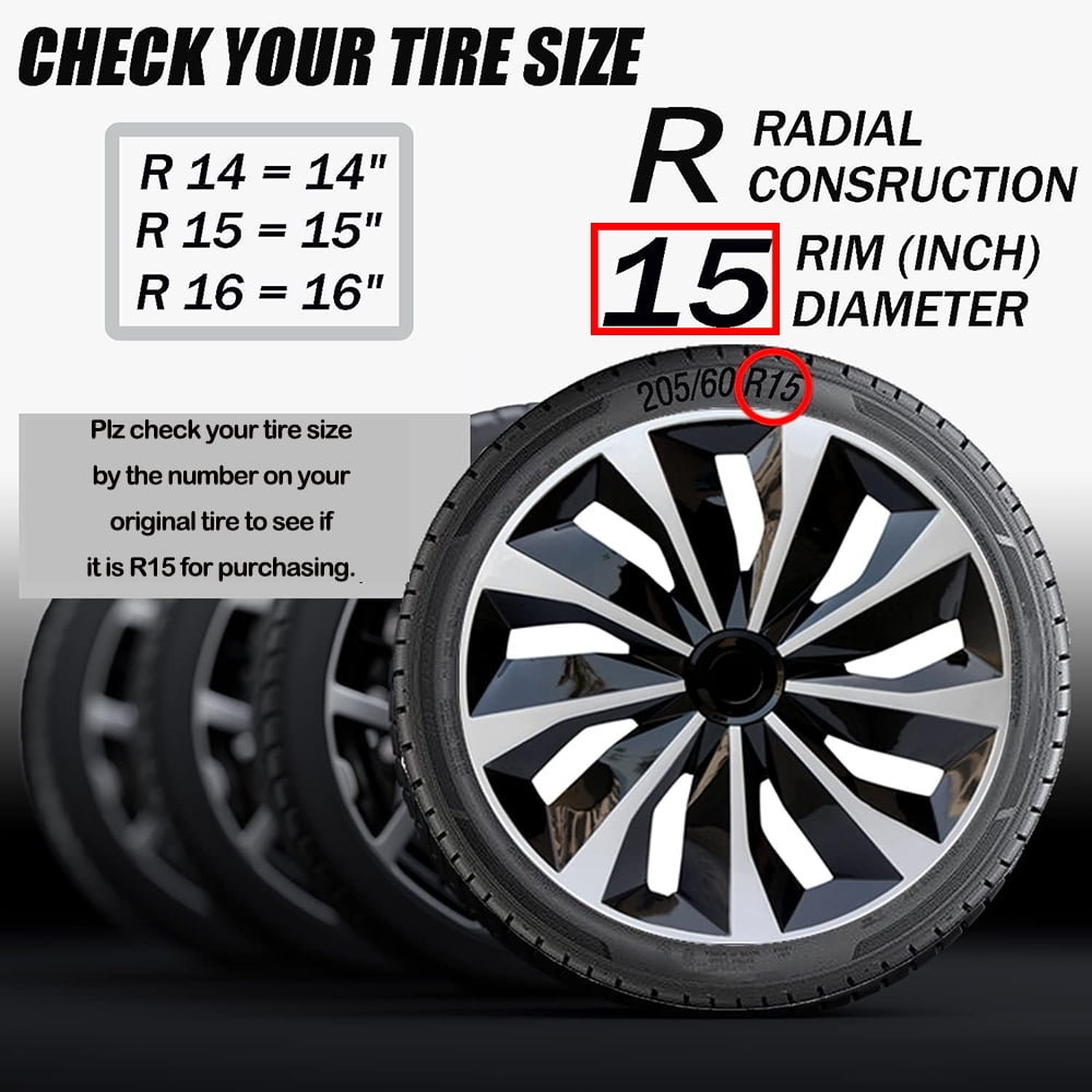 Hex Autoparts Hub Cap 15 inch Set of 4 fits R15 Tire & Steel Full Rim, Snap On Full Hubcaps Wheel Covers Universal for 15" Rims Black & Silver C-Type