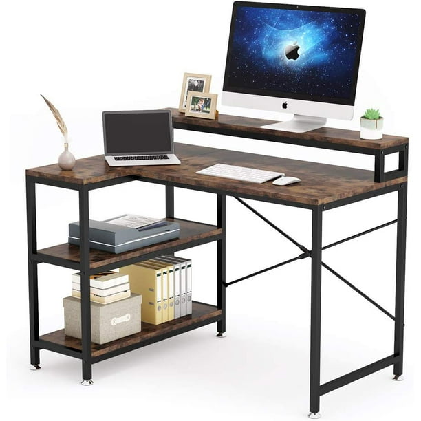 L Shaped Desk with Storage Shelves, Tribesigns Rustic Corner Desk Study