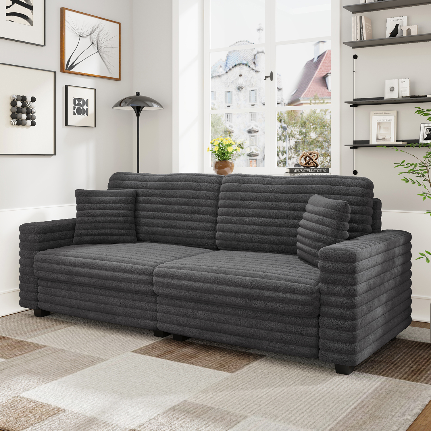 Marrber 79” Oversized Plush Corduroy Loveseat Cloud Sofa, Comfy Extra Deep Seat with Two Pillows and Wide Armrests for Living Room, Apartment, Sturdy, Gray