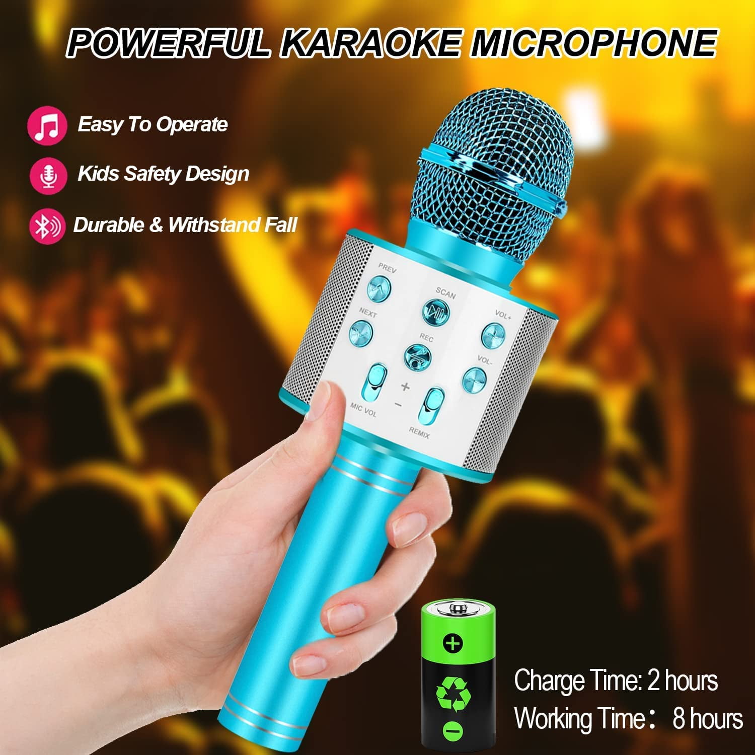 DAKIMOE Wireless Bluetooth Karaoke Microphone, Portable Handheld Singing Microphone for Kids Adults with Stereo Speaker and Voice Changer for All Smartphones, Gifts for Girls Kids Adults, Blue