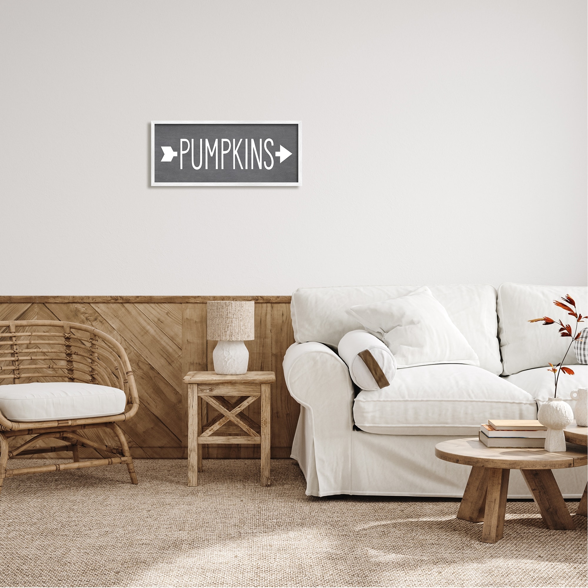 Stupell Industries Pumpkins Rustic Seasonal Autumn Arrow Pointing Sign Graphic Art White Framed Art Print Wall Art, Design by Lettered and Lined