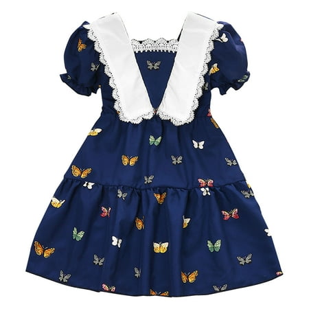 

Summer New Sweet Lace Lapel Short Sleeve Princess Skirt Children S Butterfly Print Skirt Baby Girl Clothes
