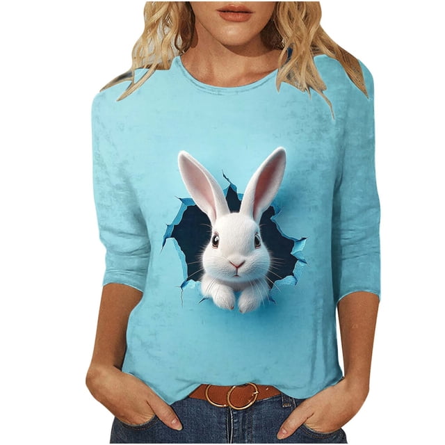 Camisetas de Pascua para Mujeres Impresión de la Moda Suelo Casual de Tres Cuartos de Manga, Camisetas Casuales de las Mujeres para Primavera Verano