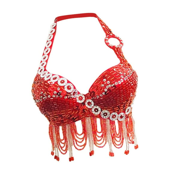 Top de danza de vientre perfecl con lentejuelas y borlas Tirante Ajustable Rojo M