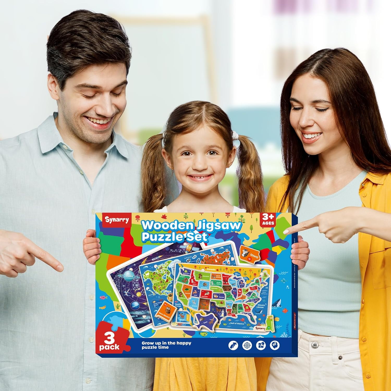 SYNARRY Wooden Puzzles for Kids Ages 3-8, USA, World Map & Solar System Jigsaw Puzzle Set, Wood Jigsaw Puzzles Educational Games Toys Gifts for Boys Girls