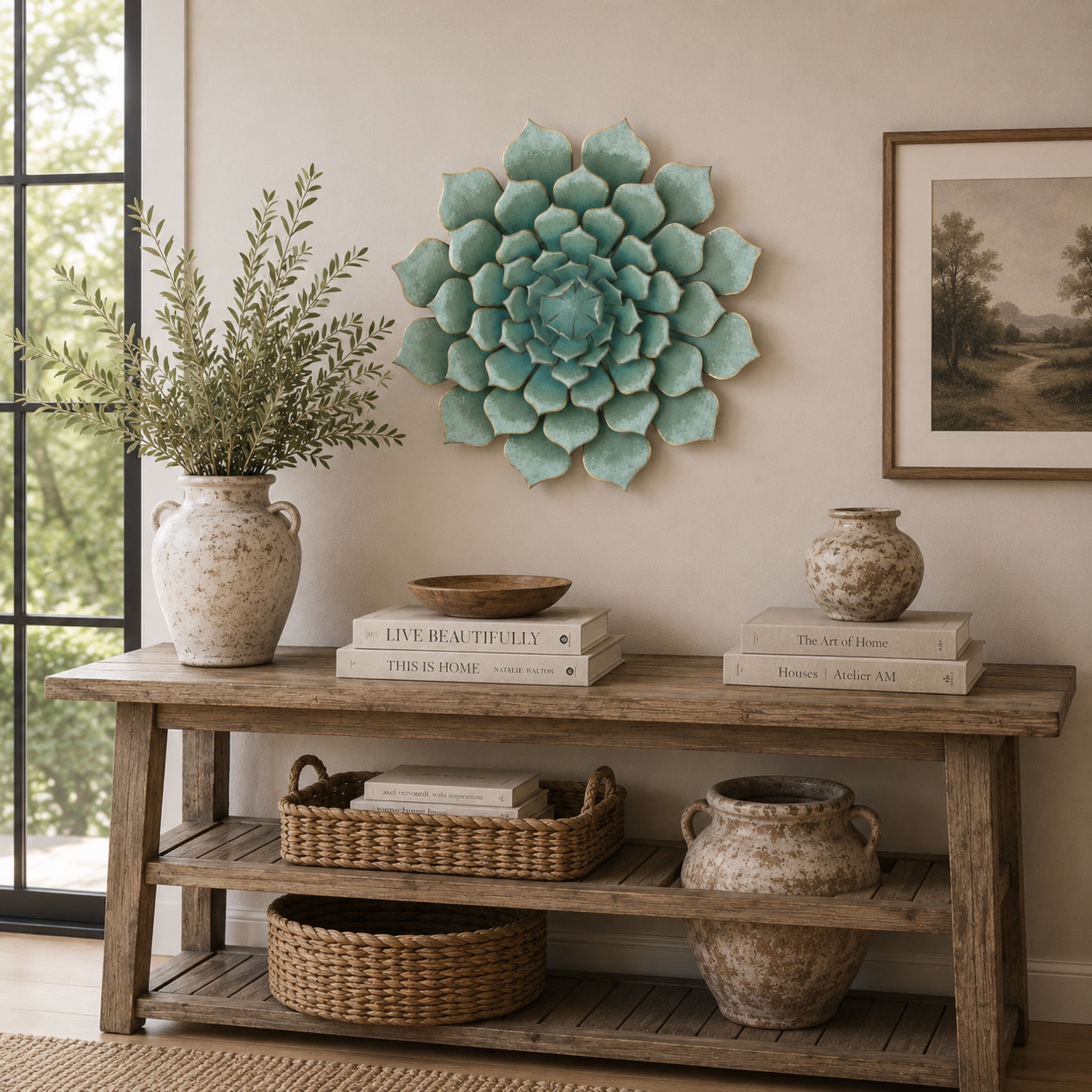 DecMode Teal Metal Floral Wall Decor
