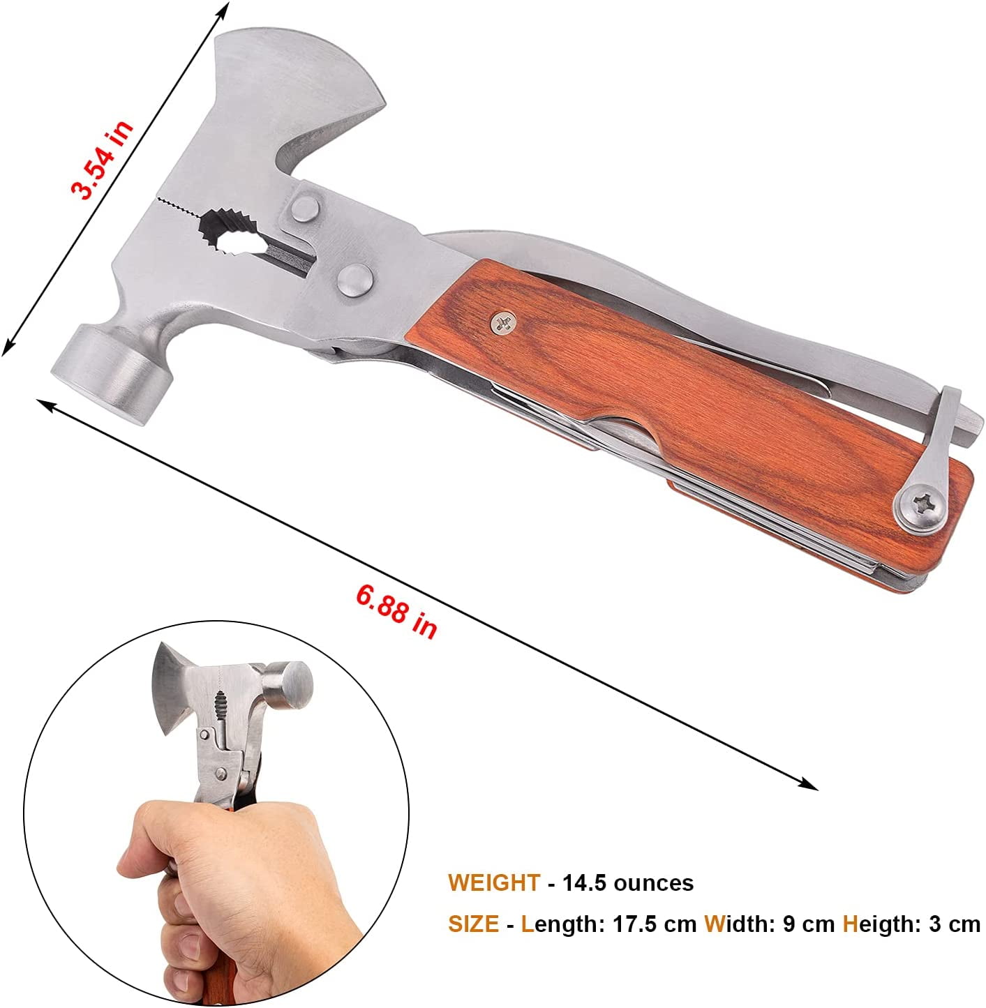 RGHJAR-Multitool Hammer Camping Gear Accessories Survival Kits 14 in 1 Multifunction Tool Portable Folding Wood Handle Stainless Steel Multipurpose Equipment For Outdoor Hiking Hunting Tactic Unique