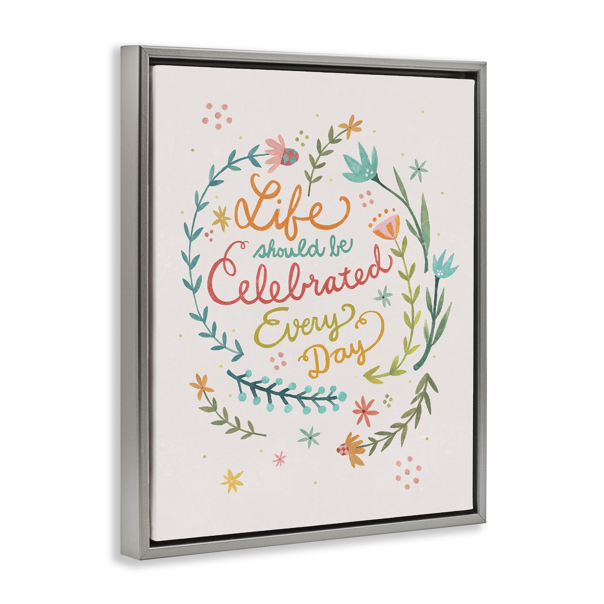 Stupell Industries Life Celebrated with Floral Sprigs Plants & Flowers Painting Gray Floater Framed Canvas Art Print Wall Art, 25 x 31