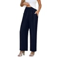 thumbnail image 2 of Women Cotton Linen Pants Smocked High Waisted Lightweight Comfy Wide Leg Dressy Casual Trousers with Pockets (S, Navy), 2 of 8