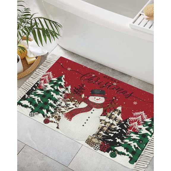 Red Christmas Bath Rug 2x3ft Woven Bathroom Entryway Runner Rug,Snowman Snowflake Xmas Tree Washable Living Room Hallway Bedroom Kitchen Carpet with Tassels,Non-Shedding Indoor Outdoor Throw Doormat
