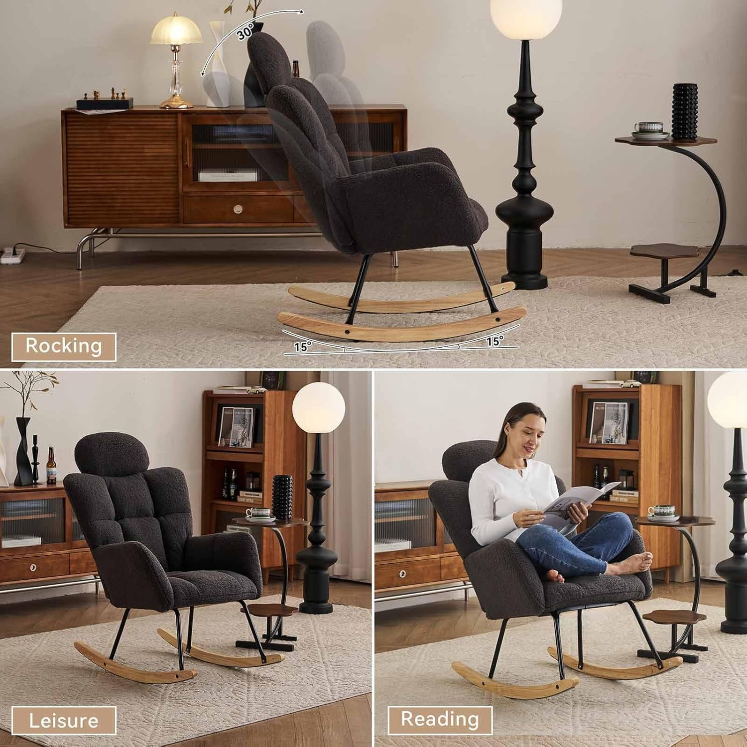 Nursery Rocking Chair - Teddy Fabric Upholstered Glider Rocking Chair with High Backrest & Pillow for Living Room & Bedroom - Easy Assembly Wood/Metal Base (Ivory)