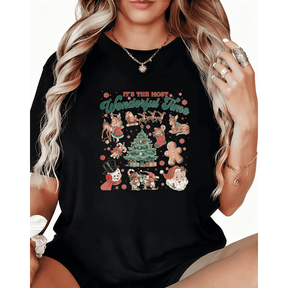 Women's Wonderful Time Christmas Graphic Cotton T Shirt Casual Festive Graphic Top Short Sleeve Round Neck Top Black S-5XL