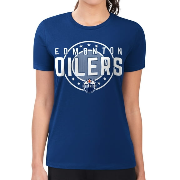 Women's G-III 4Her by Carl Banks Royal Edmonton Oilers Super-Slim Lightweight Pinstripe Circle Graphic T-Shirt