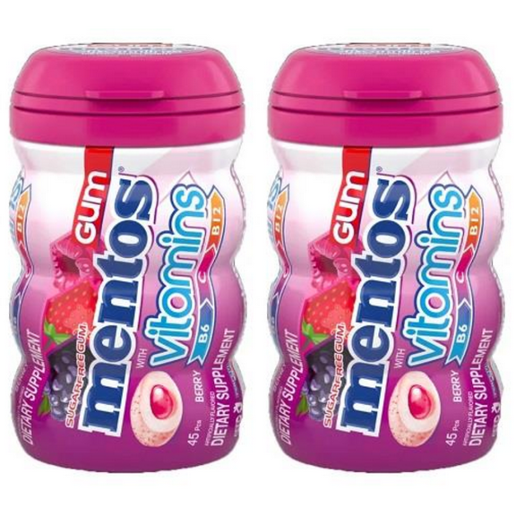 Mentos VITAMINS BERRY Sugar-Free Chewing Gum with Xylitol 45 Piece Bottle 3.18 Oz., (Pack Of 2)