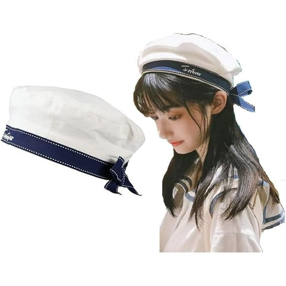Abaodam White Sailor Hat Stylish White Beret Hat with Bow-Knot Uniform Hat All-Matched Hat (Head Circumference 56-58cm)