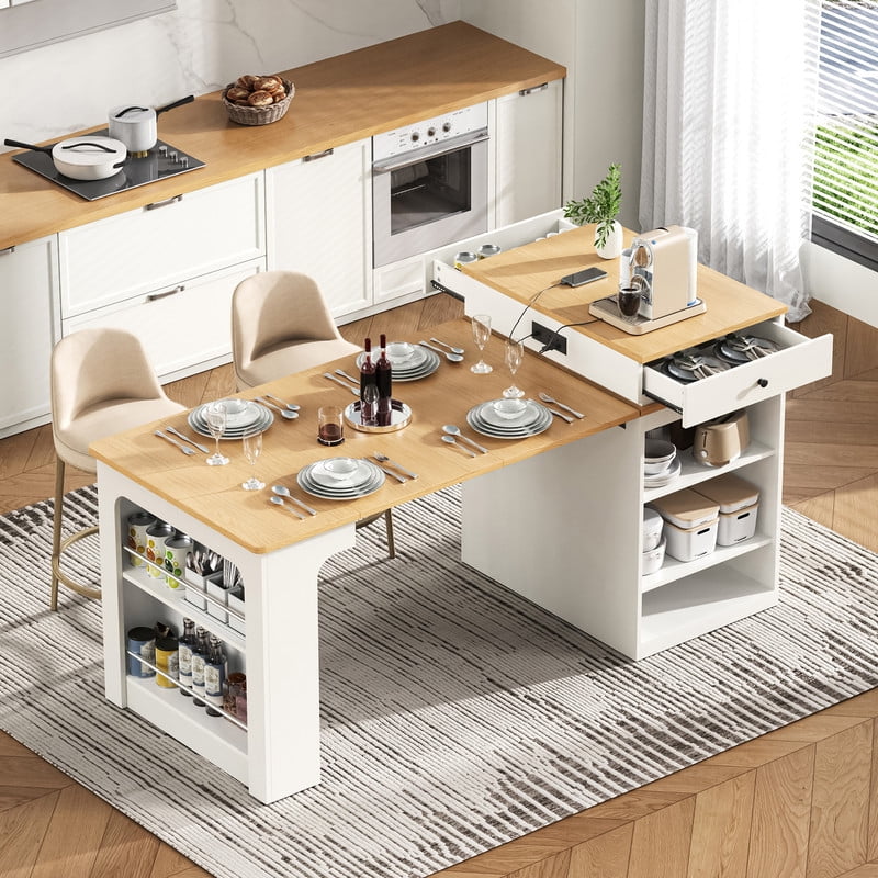 Bellemave 60" Kitchen Island with Extendable Dining Table and Power Outlet, Mobile Kitchen Storage Islands with 2 Storage Drawers, Rolling Islands Cart with Extra Rows Open Shelves（White)